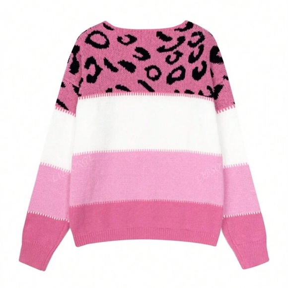 Comfy Leopard color Block Stripe Pattern Long Sleeve Knit Sweater Top - Picture 7 of 10